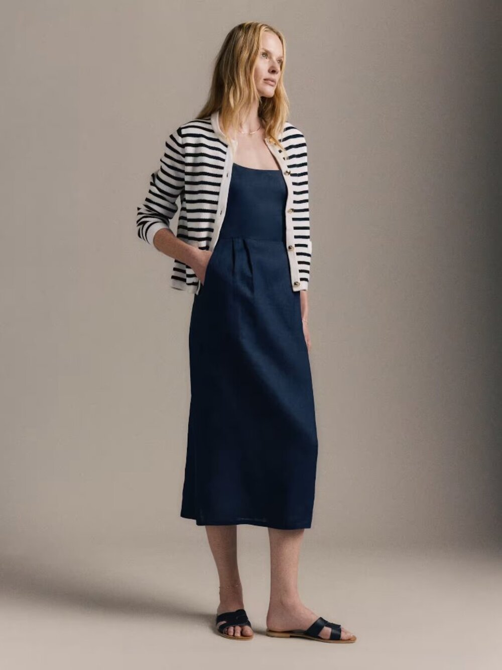 Quince Navy 100% European Linen Scoop Neck Midi Dress • size small